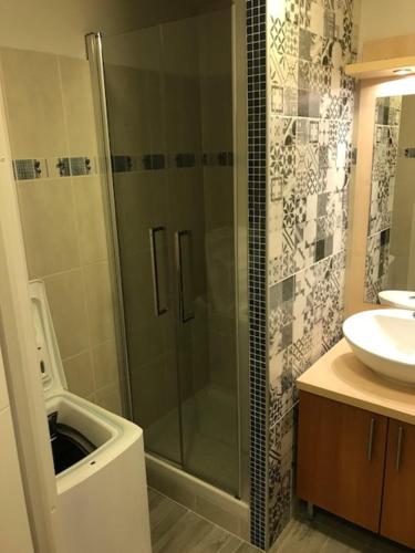 un baño con ducha y lavabo en Appartement tt confort au cœur des montagnes avec vue sur les montagnes wifi, en Luz-Saint-Sauveur