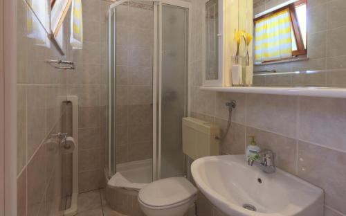 a bathroom with a shower and a toilet and a sink at SD House in Bol