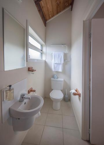 a white bathroom with a toilet and a sink at Adventure Lodge and Motels and Tongariro Crossing Track Transport in National Park