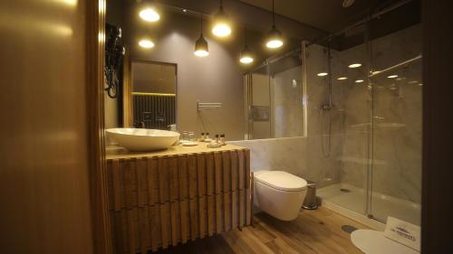 a bathroom with a sink and a toilet and a shower at Rio Moment's in Castelo de Paiva