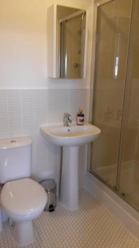 a bathroom with a toilet and a sink and a shower at Crystal Apartments in Airdrie