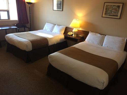 a hotel room with two beds and a lamp at Siesta Motel in Olds