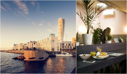 two pictures of a view of a body of water at Moment Hotels in Malmö