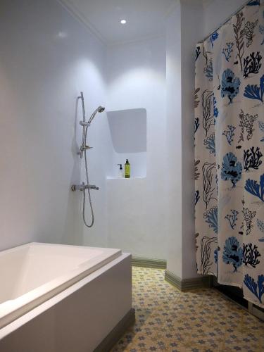 a bathroom with a tub and a shower curtain at Bohol Dreamcatcher Resort in Panglao Island