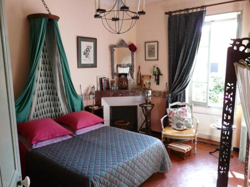 a bedroom with a bed with a canopy and a fireplace at Lou Amourie in Roussillon