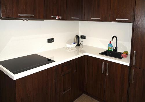 a kitchen with wooden cabinets and a sink at Aparthotel Łódź 55 Piotrkowska in Łódź