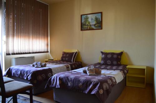 a room with two beds and a chair at Dionis Hotel in Petrich