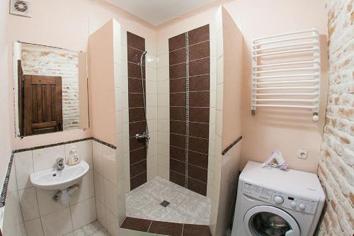 a bathroom with a washing machine and a sink at Квартира в центрі по вулиці Вірменська 12 5 дві спальні з двуспальними ліжками є інтернет сама Площа Ринок in Lviv