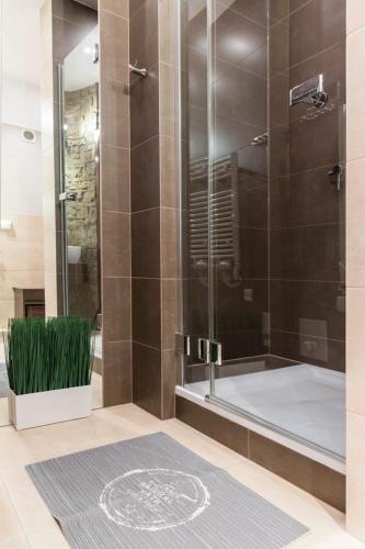 a bathroom with a tub and a shower with a rug at Apartament Charisma in Zakopane