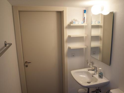 a bathroom with a sink and a mirror at Chalet Bergfink in Rosswald