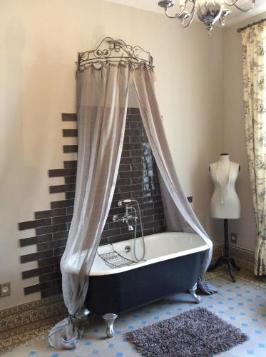 a bath tub with a shower curtain in a bathroom at L'hostellerie du chateau in Mesnil-Saint-Nicaise