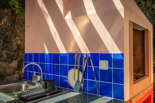 a kitchen with a sink and a blue tiled wall at Casa dos Francelhos in Funchal