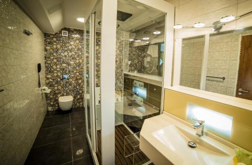 a bathroom with a sink and a shower and a mirror at Hotel President SPA in Baile Felix