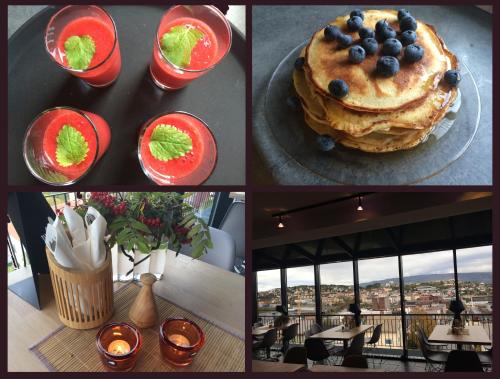 a collage of four pictures of food and drinks at Breidablikk Guesthouse in Narvik