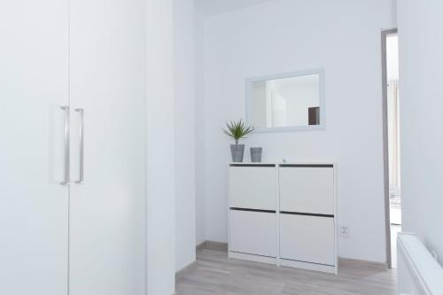 ウストカにあるApartament Pomeraniaの白いキッチン(シンク、鏡付)