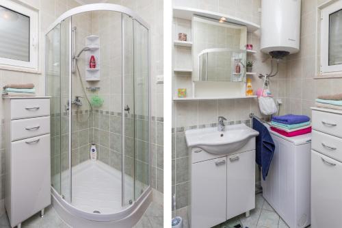 two pictures of a bathroom with a shower and a sink at Apartment Marko Dubrovnik in Dubrovnik