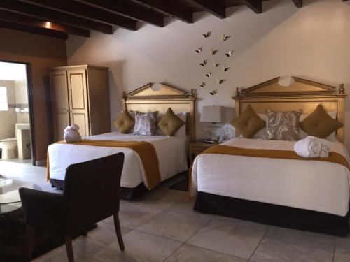 聖米格爾－德阿連德的住宿－Hotel Casa Don Quijote，卧室配有两张床,墙上有鸟