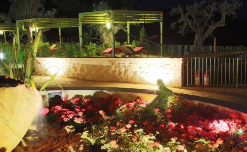 a garden with flowers and a gazebo at night at Spa Resort Fonte Alla Lepre in Riparbella