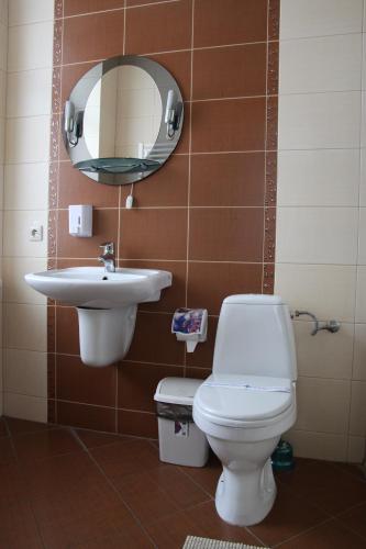 a bathroom with a toilet and a sink and a mirror at Nashe Misto Guest House in Kovelʼ