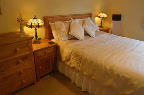 a bedroom with a bed and a nightstand with two lamps at Bryn Hebog in Carmarthen