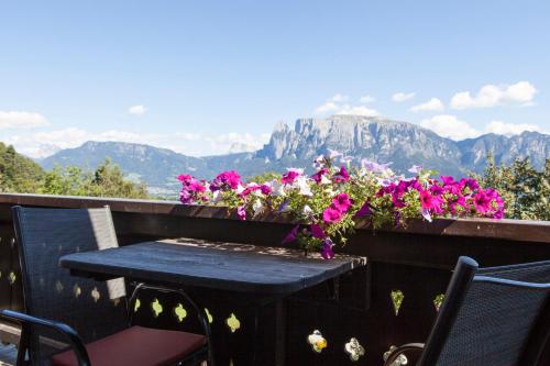 a table and chairs on a balcony with flowers at Hotel Bemelmans-Post in Collalbo