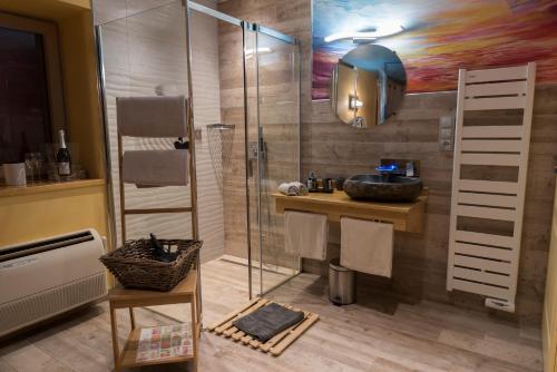 a bathroom with a shower and a sink at Domaine et chambres d'Hôtes des Fées in Pretin