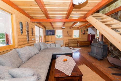 a living room with a couch and a fireplace at Koča na Planini in Planina pod Sumnikom