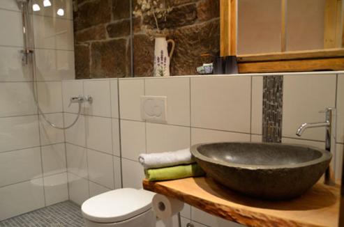 La salle de bains est pourvue d'un lavabo et de toilettes. dans l'établissement Fehrenbacherhof Naturgästehaus, à Lauterbach