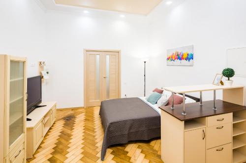a bedroom with a bed and a desk and a television at Bright and cozy apart with balcony in Lviv