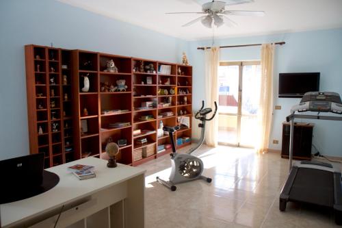 a living room with a large bookshelves and a fan at Domus Palombi in Ladispoli