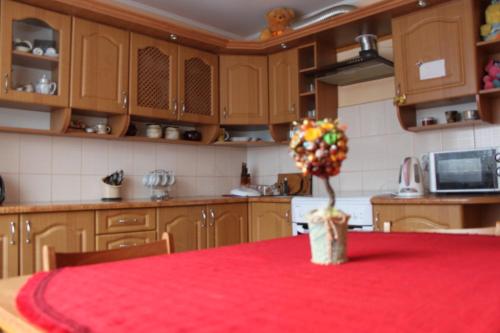 una cocina con una mesa con un jarrón de flores. en Cottage u Romana, en Yaremche