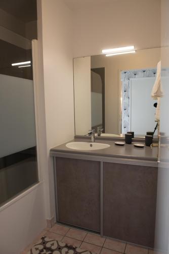 une salle de bain avec un lavabo et un miroir dans l'établissement ILodge Primia, à Chessy