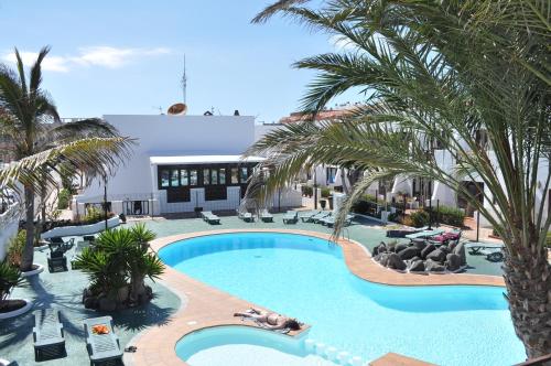 une vue aérienne d'une piscine avec des palmiers dans l'établissement Aloha Corralejo, à Corralejo