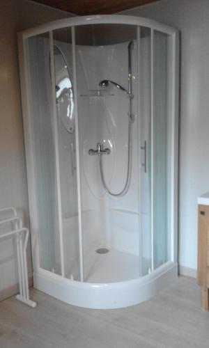 une douche avec une porte vitrée dans une salle de bain dans l'établissement B&B et Apartments Moulin du Martinet, à Guillestre