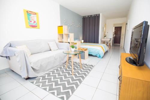 a living room with a couch and a tv at Apt 5 min à pied centre ville in Saint-Gilles-les-Bains