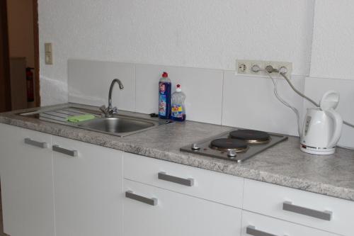 a kitchen counter with a sink and a stove at Gasthof Rössle Ochsenwang in Bissingen an der Teck