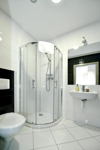 a bathroom with a shower and a toilet and a sink at Nova Stodola in Kłomnice