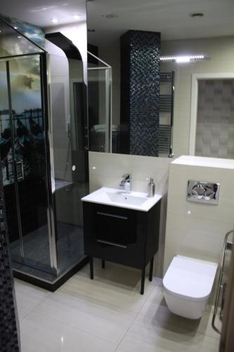 シフィノウイシチェにあるApartament Panoramaのバスルーム(シンク、シャワー、トイレ付)