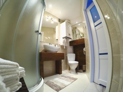 a bathroom with a sink and a toilet and a shower at Apartament krakowski GIMO na Kazimierzu in Krakow