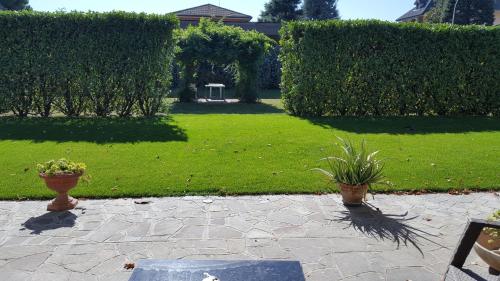 a garden with two potted plants and a hedge at Cavour 45 in Vittuone