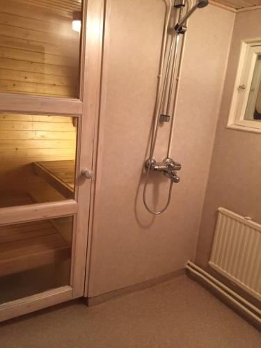 a shower in a bathroom with a glass door at Mänty Holiday Apartments in Rovaniemi