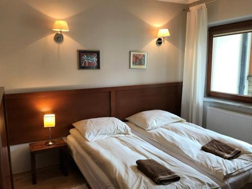 a bedroom with a bed with two pillows and a window at Bystra Woda Apartament Słoneczny in Zakopane