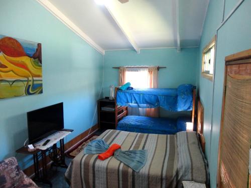 a blue room with a bed and a tv at Cabañas Akiko in Hanga Roa