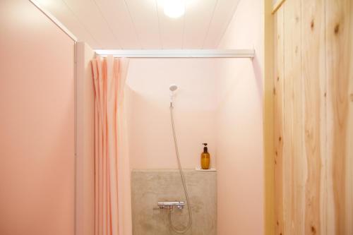 eine Dusche im Bad mit Duschvorhang in der Unterkunft Lodge Kiyokawa in Bungoono
