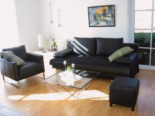a living room with a black couch and a glass table at Ferienwohnung S_stjern in Schönhagen