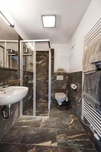 a bathroom with a shower and a sink and a toilet at Bergparadies - inklusive Eintritt in die Alpentherme in Dorfgastein
