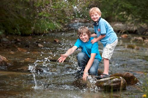 two young boys playing on rocks in a river at Pension Waldhauser in Rennweg