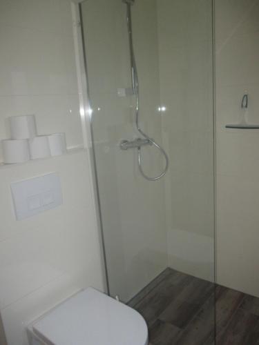 ein Bad mit einer Dusche und einem WC in der Unterkunft Emderhaus in Emden