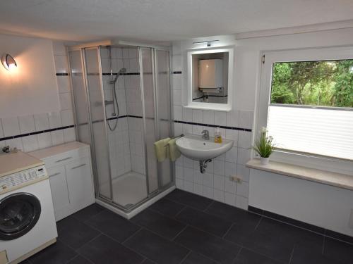 een badkamer met een douche, een wastafel en een wasmachine bij Luxurious Villa in Nadrin Belgium with Sauna and Jacuzzi in Blowatz