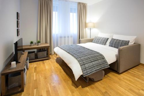 a bedroom with a large bed and a television at Brzeće Center Apartments in Kopaonik